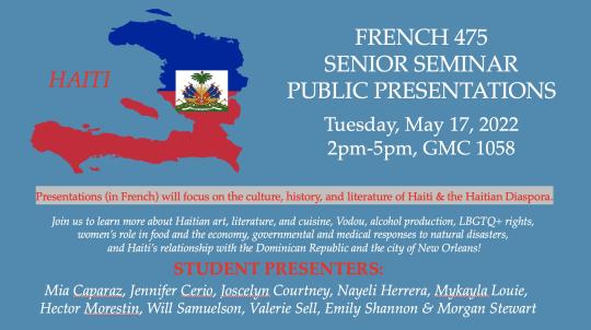 French 475 Senior Seminar Presentations: 5/17/22 at 2pm, GMC 1058